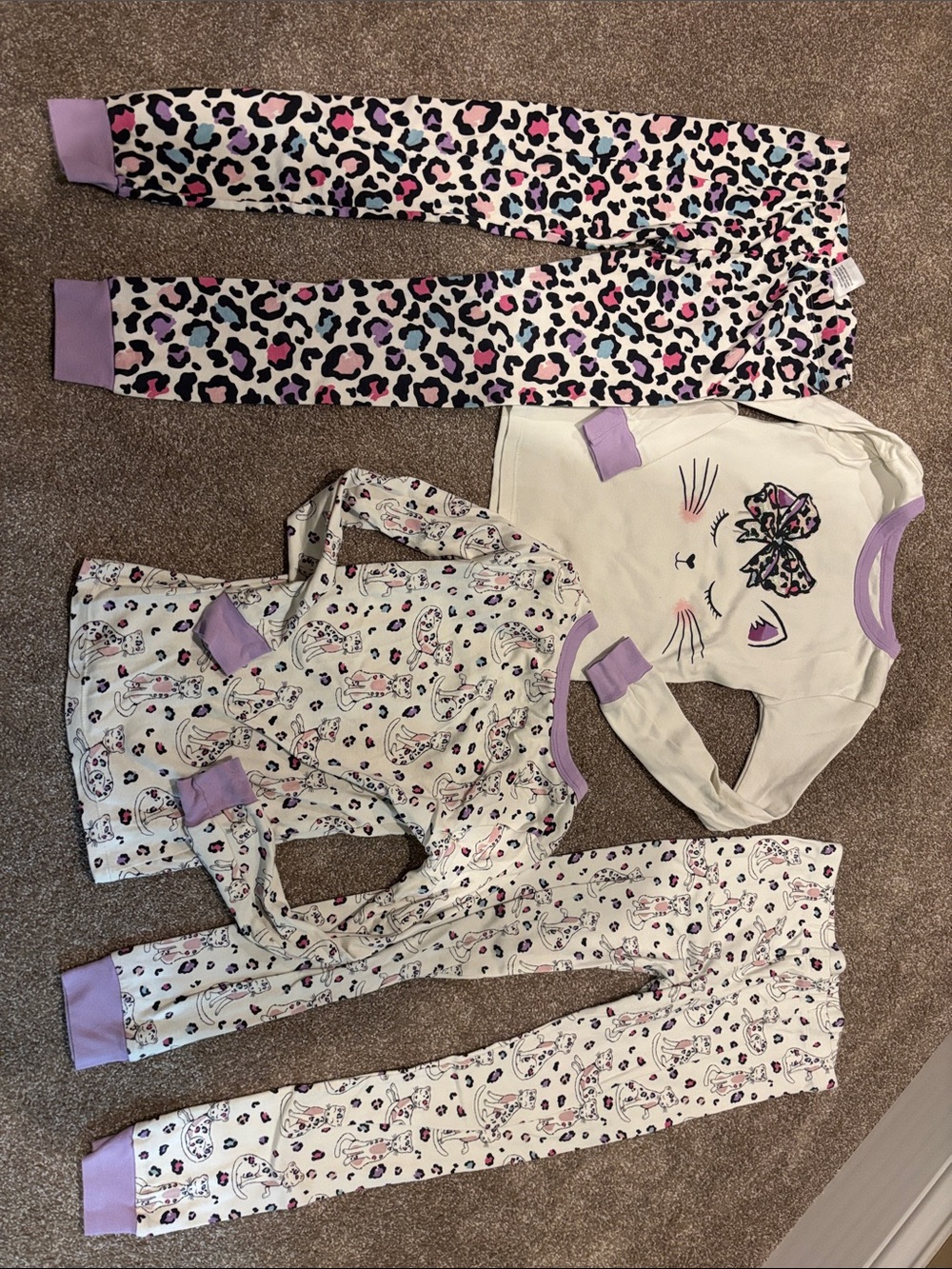 Girls' Lavender Cat Print Pajama Set - 4 Pieces. Size 8